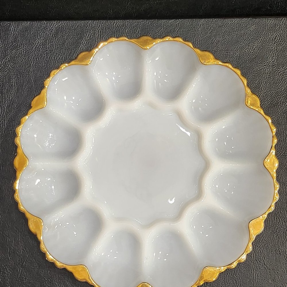 Vintage Anchor Hocking Milk Glass Eggplate With Gold Trim